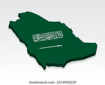 Mapa 3D de Arabia Saudita con bandera. Mapa tridimensional de Arabia Saudita con sombra. Bandera del Reino de Arabia Saudita en el fondo blanco para su diseño, App, UI. Vector de valores. EPS10.