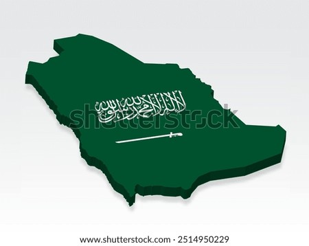 3D  Saudi Arabia map with flag. Three dimensional map of Saudi Arabia with shadow. Flag of Kingdom of Saudi Arabia on white background for your design, app, UI.  Stock vector. EPS10.