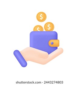 3D Save money icon. Salary money, investing finance. Wallet with coins in the hand. Cash back, deposit, payment, finance transfer concept. Trendy and modern vector in 3d style