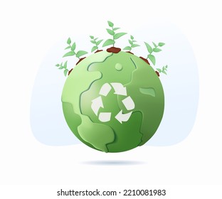 3D Save the planet. Sustainable economic growth strategy, recourses reuse reduce co2 emission climate impact. ESG, green energy industry. Vector 3D illustration. Environmental protection, renewable