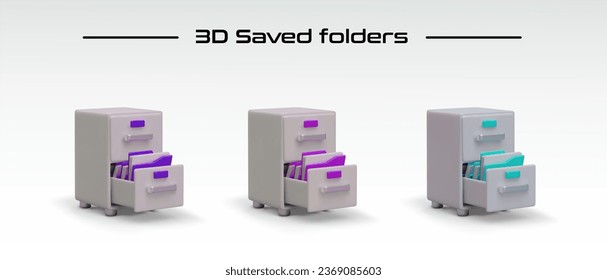 3D saved folders of different colors. Set of isolated office chests with pull out drawer. Sorting and storing files. Electronic database of documents. Vector icons for web design