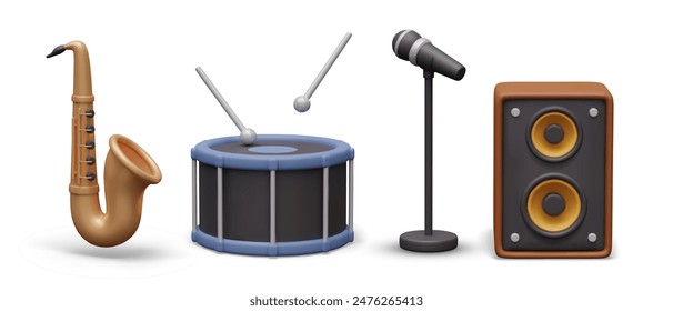 3D saxophone, drum with sticks, microphone on stand, large speaker