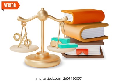 3d Scale with Money and Pile of Books Business and Finance Education Concept Cartoon Design Style. Vector illustration
