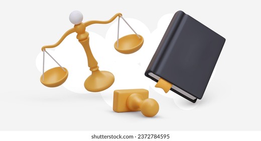 3D scales, seal, legal collection. Legal concept in cartoon style. Unmarked black book cover, mockup. Normative legal acts. Certification of documents