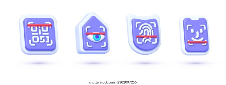 3d scan set for web design. Face id, Finger scan, Eye scan, Qr code scan. Data technology. 3d vector illustration