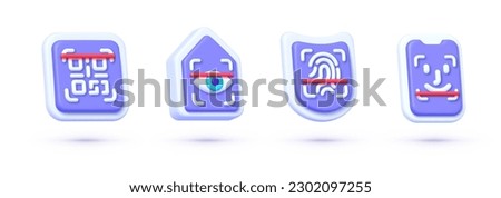 3d scan set for web design. Face id, Finger scan, Eye scan, Qr code scan. Data technology. 3d vector illustration