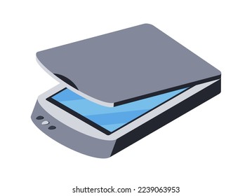 Icono de escáner 3d, gadget electrónico. Dispositivo de tecnología digital, equipo de oficina para escanear documentos e imágenes. Objeto aislado sobre fondo blanco. Ilustración vectorial en estilo isométrico