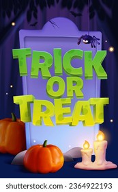 3D scary Halloween poster. Tombstone surrounded by pumpkins and candle with green text of trick or treat floating in the front.