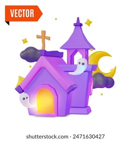 3d Scary House with Ghosts Halloween Concept Cartoon Design Style Isolated on a White Background. Vector illustration