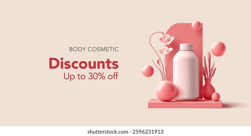 3D scene for advertising and discounts on body care cosmetics. Realistic podium, flowers, round balls. Modern vector graphics.
