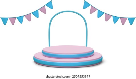 3D scene with arch, strings of festive flags. Empty podium for holiday, anniversary, party design
