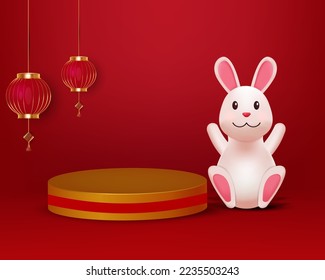 3d scene chinese new year with rabbit, lanterns and podium