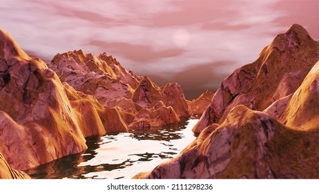 3d scene design of mountains and river, canyon. Beautiful landscape with mountain views at sunset. Can be used for travel or banner design, poster design, desktop background.