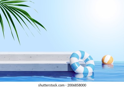 3d scene design for summer product display. Concrete stair podium with swimming ring and beach ball beside water. Concept of island beach or swimming pool.