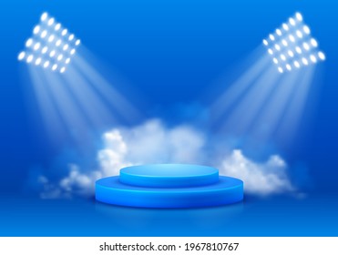 3D Scene with display podium. Template for products presentation, promotion or award ceremony. Realistic circular pedestal illuminated by spotlights on blue background with smoke. Vector illustration