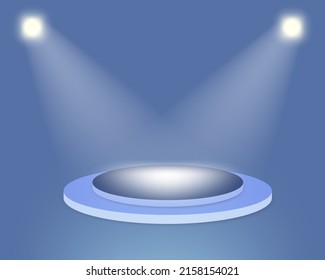 Escena 3D con podio de exposición. Plantilla para presentación de productos, promoción o ceremonia de premiación. Un peatón circular realista iluminado por focos. Ilustración del vector