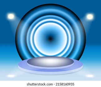 Escena 3D con podio de exposición. Plantilla para presentación de productos, promoción o ceremonia de premiación. Un peatón circular realista iluminado por focos. Ilustración del vector
