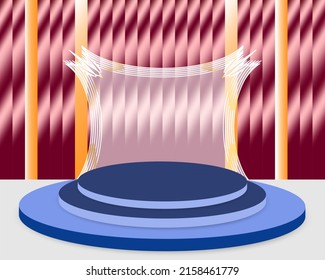 3D Scene with display podium. Template for products presentation, promotion or award ceremony. Realistic circular pedestal illuminated by spotlights. Vector illustration