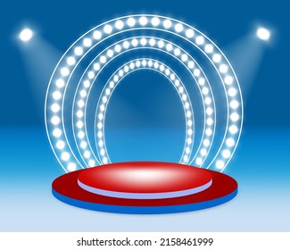 Escena 3D con podio de exposición. Plantilla para presentación de productos, promoción o ceremonia de premiación. Un peatón circular realista iluminado por focos. Ilustración del vector