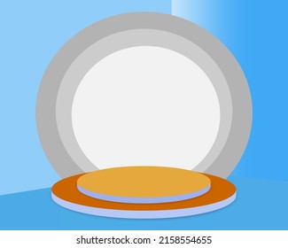 3D Scene with display podium. Template for products presentation, promotion or award ceremony. Realistic circular pedestal illuminated by spotlights. Vector illustration