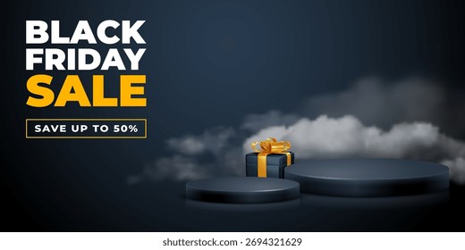 Escena 3D con podio de exhibición. Plantilla de presentación de productos, promoción, Black Friday Sale. Caja de regalo circular realista de los pedestales con el arco, fondo negro con el humo. Ilustración vectorial