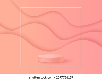 3d presentación de la escena de la muestra de la maqueta del producto. Base de podio de cilindro de color rosa mínimo con fondo ondulado para sus diseños. Concepto de diseño de movimiento futurista, ilustración abstracta de fondo vectorial.