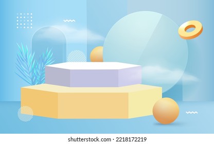 3D scene, e-commerce product booth, simple three-dimensional background, vector illustration