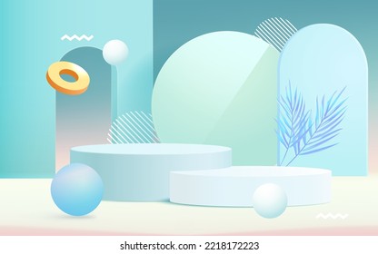 3D scene, e-commerce product booth, simple three-dimensional background, vector illustration