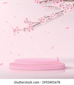 3d scene with an empty cylindrical podium. Showcase mockup for product showcase in pink with sakura branches on the background.