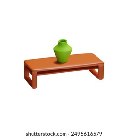 A 3D scene with a green vase standing on a small coffee table with wooden legs, isolated on a white background. Ideal for decorating modern interiors