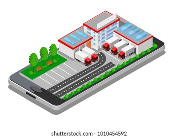 3d scene isometric advertisement transport company delivery miniature trucks administration building garage mobile phone trees bushes benches cartoon style games white background isolate