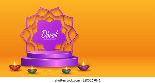 3D Scene With Luxurious Traditional Diya Lamps For Diwali Festival Of Light. Podium For Display Your Brands. Festive Mockup Design. Paper Cut Style Indian Mandala On The Background. Vector. EPS 10