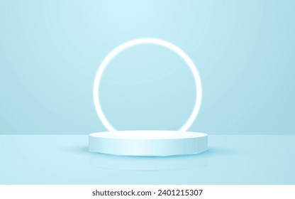3d scene pastel blue round podium background with circle neon lights perfect for event promotion cosmetic product presentation mockup
