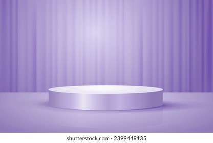 3d scene of pastel purple round podium with curtain background for cosmetic product presentation mockup show