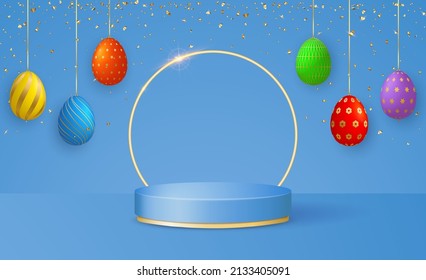 3d scene with podium platform, bright Easter eggs garlands and confetti on a blue background. Vector illustration.