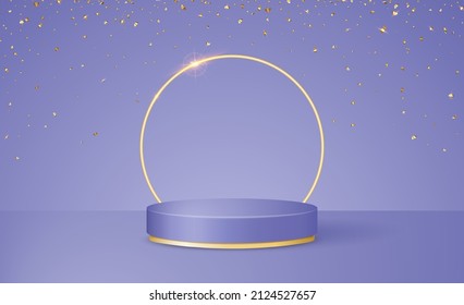 3d scene with podium platform and confetti in trendy colors Very Peri. vector illustration.