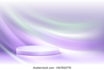 3D Scene with products display podium. Template for products advertising, presentation and promotion. Realistic circular pedestal on gentle background. Vector illustration.