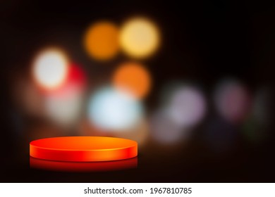 3D Scene with products display podium. Template for products advertising, presentation and promotion. Realistic circular pedestal on blurred background with city night lights. Vector illustration.