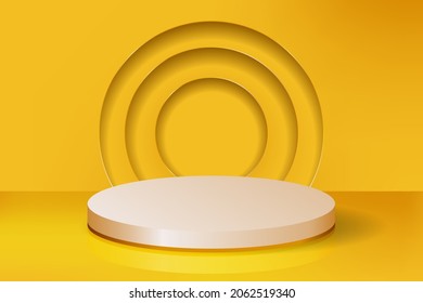 3D Scene with products display podium. Template for products advertising, presentation and promotion. Realistic circular pedestal with neon illumination on Yellow background. Vector illustration.