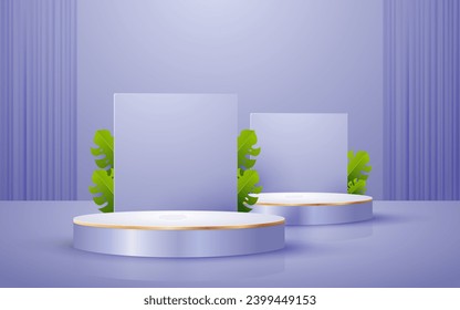 3d scene round podium pastel purple curtain background with green leaves for cosmetic product presentation mockup show