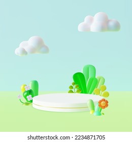 3d Scene with Round Podium Platform Round Stage Product with Flowers and Trees Plasticine Cartoon Style for Promotion, Marketing and Advertising. Vector illustration