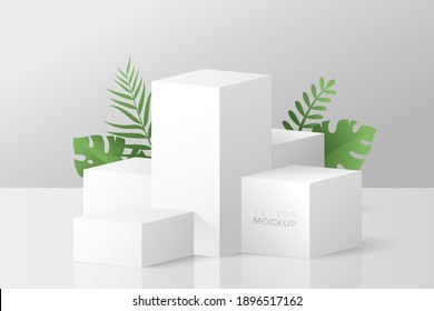 3D scene with white cube boxes and green tropical leaves behind. Blank stage podium for product presentation. Geometric composition with 3d cubes. Vector mockup for your design.