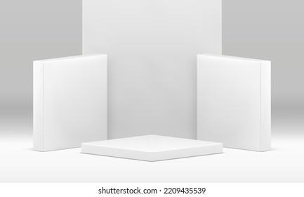 3d scene white geometric podium for product presentation decorative showcase realistic vector illustration. Pedestal stage foundation platform architecture foundation studio background show arena