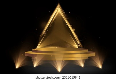3D Scene - Winners podium platform. In the background is a neon yellow triangle with special lighting effects. 3D visualization