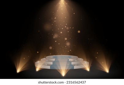 3D Scene - Winners podium platform. In the background there is a spotlight with special lighting effects.  3D visualization. Round podium illuminated by light. Vector