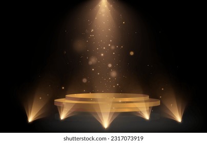 3D Scene - Winners podium platform. In the background there is a spotlight with special lighting effects.  3D visualization. Round podium illuminated by light. Vector