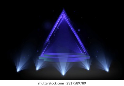 3D Scene - Winners podium platform. In the background is a neon yellow triangle with special lighting effects. 3D visualization