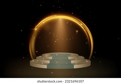 3D Scene - Winners podium platform. In the background is a neon circle with special lighting effects.  3D visualization	