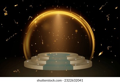 3D Scene - Winners podium platform. In the background is a neon circle with special lighting effects.  3D visualization	