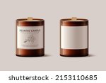 3d scented candle set, isolated on beige background. Brown glass product package, one with and without label design.